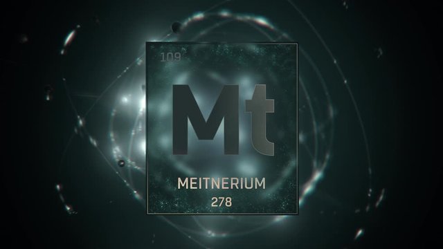 Meitnerium as Element 109 of the Periodic Table. Seamlessly looping 3D animation on green illuminated atom design background with orbiting electrons. Design shows name, atomic weight and element numbe
