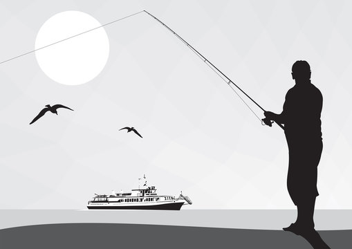 An elderly fisherman on the shore with a spinning rod. Fishing at sea. Mountains, seagulls, ship.