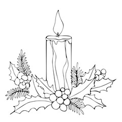 Line drawing Christmas illustration on white isolated background. Candle with flame, fir bracnhes, leaves, berries.