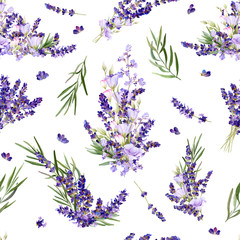 Seamless pattern in a Provence style with lavender flowers, arrangements, leaves and herbs hand drawn in watercolor isolated on a white background.Watercolor illustration.Ideal for wallpaper or fabric