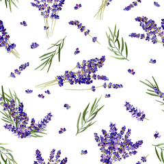 The seamless pattern in a Provence style with lavender flowers, arrangements, leaves hand drawn in watercolor isolated on a white background.Watercolor floral background.Ideal for wallpaper or fabric. - obrazy, fototapety, plakaty