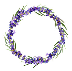 Hand drawn watercolor wreath with picturesque lavender flowers and leaves isolated on a white background. Ideal for creating  invitations, greeting cards. Floral illustration.Botanic composition