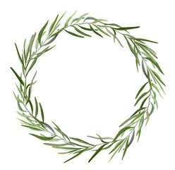 Hand drawn watercolor wreath with green lavender leaves isolated on a white background. Ideal for creating  invitations, greeting cards. Floral illustration. Botanic composition