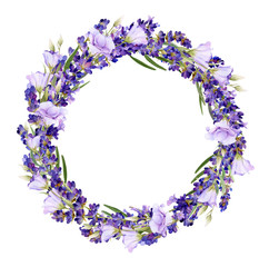 Hand drawn watercolor wreath with picturesque lavender flowers and bluebells isolated on a white background. Ideal for creating  invitations, greeting cards. Floral illustration.Botanic composition © Tatiana