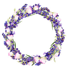 Hand drawn watercolor wreath with picturesque lavender flowers and bluebells isolated on a white background. Ideal for creating  invitations, greeting cards. Floral illustration.Botanic composition