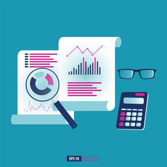 Analyze business data with office stationery element tool. Business concept vector illustration