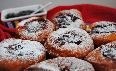 Homemade Donuts with Powdered Sugar and Plum Jam