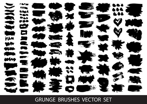 Set of black paint, ink brush strokes, brushes, lines. Dirty artistic design elements, boxes, frames for text. Vector illustration.