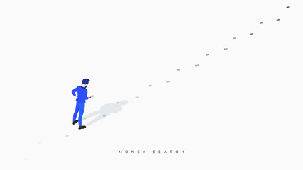 Businessman with magnifier is looking for traces of money. Conceptual research vector illustration. Isometric businessman studies dollar traces