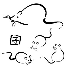 筆書き　年賀素材　ネズミ　セット　黒
