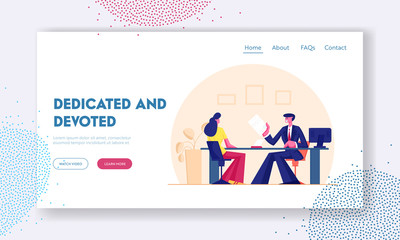 Woman Taking Loan or Mortgage in Real Estate Agency or Bank Office Website Landing Page. Manager Hold Document Communicate with Client, Discussing Deal Web Page Banner Cartoon Flat Vector Illustration