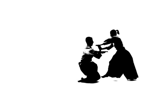 Silhouettes, male, female practicing aikido techniques. Isolated, white. Close up.