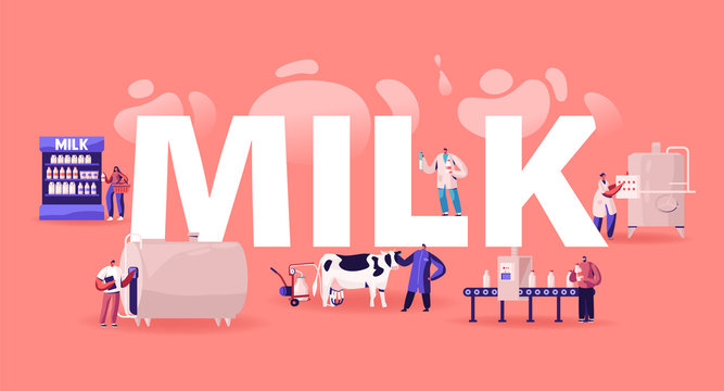 Milk Production Manufacturing Concept. Conveyor Stage Process, Dairy Food Machine Plant. Test Beverage Quality in Flask, Product Industry Poster Banner Flyer Brochure. Cartoon Flat Vector Illustration