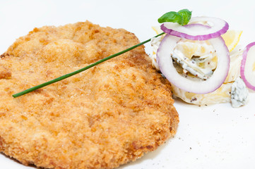 Traditions of German cuisine dish pork with salad shot in a restaurant close-up.