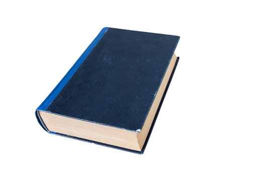 closed old vintage thick book with a blue cover on a white background