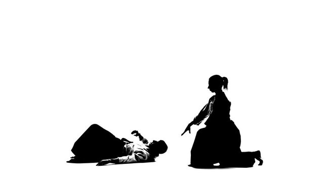Silhouettes, man, woman performing aikido techniques, isolated, white. Close up.