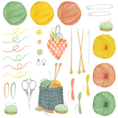Seamless pattern with Basket with knitting accessories, yarn, needles, hook, scissors and needle, pins. For design textile, cards and banners 