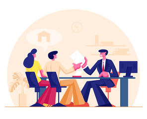 Family Couple Man and Woman Taking Bank Loan or Mortgage in Real Estate Office. Clerk Sitting at Desktop Showing Documents, Reviewing, Giving Approved Credit Contract. Cartoon Flat Vector Illustration