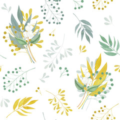 Floral seamless pattern with leaves and branches, watercolor painting. For design textile, cards and banners.
