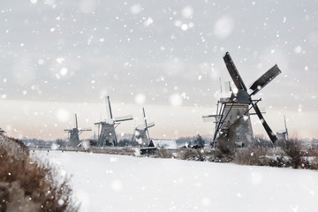 Windmills in Kinderdijk, The Netherlands in winter