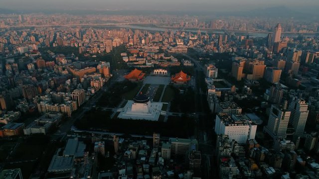 Aerial shot of  Chiang Kai Sheik (CKS) memorial park at dawn, Taipei, Taiwan