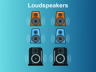 Set of isolated vector musical speakers in different colors. Music speakers in different colors: orange, blue, black.