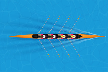 Four Racing shell with mixed paddlers for rowing sport on water surface. Four paddlers skull rowing mixed race. Woman and Man and inside boat. Top view. Vector Illustration