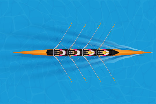 Four Racing Shell With Mixed Paddlers For Rowing Sport On Water Surface. Four Paddlers Skull Rowing Mixed Race. Woman And Man And Inside Boat. Top View. Vector Illustration