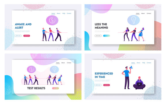 Opposite Groups Arguing, Business Competition Website Landing Page Set. People Pulling Rope Fighting in Office or Company, Corporate Rivalry Battle Web Page Banner. Cartoon Flat Vector Illustration