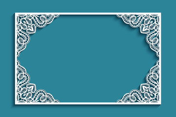 Rectangle frame with lace corner patterns, cutout paper ornament, template for laser cutting, elegant decoration for wedding invitation or name place card design