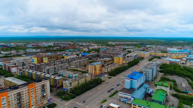 Vorkuta city, Russia with colorful buildings and a central highway bird's-eye view. Copter ( drone ) shooting