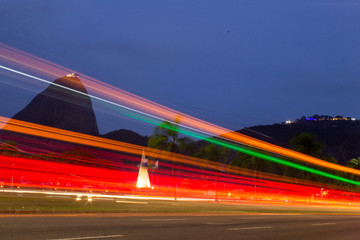 Traces of light at night just in front of the sugar loaf in Rio de Janeiro, Brazil