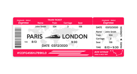 Train pass ticket isolated on white background. - obrazy, fototapety, plakaty