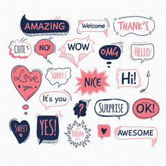 Naklejka premium Set of speech bubbles related objects and elements. Hand drawn vector doodle illustration collection. Grouped with text easily removed.