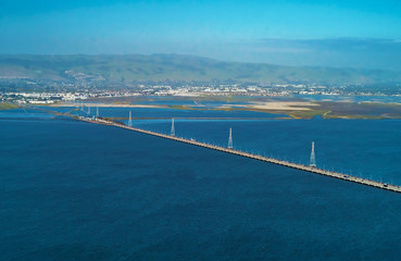 Fototapeta na wymiar Aerial view of San Mateo Bridge crossing the San Francisco Bay