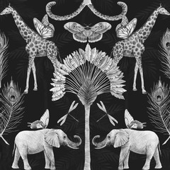 Beautiful vector african safari animal tropical seamless pattern. Trendy style. Print with elephants and giraffe. Dark background,
