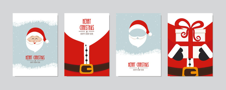Cute santa claus card set. Merry christmas and Happy New Year greeting winter snowy background lettering vector. Christmas card set.