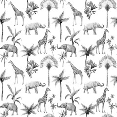Watercolor vector seamless patterns with safari animals and palm trees. Elephant giraffe. © zenina