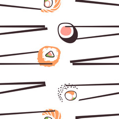 Hand drawn seamless pattern with sea food. Creative ink art work Asian dinner. Actual drawing sushi roll. Vector illustration