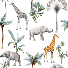 Nahtlose Muster des Aquarellvektors mit Safaritieren und Palmen. Elefant Giraffe.