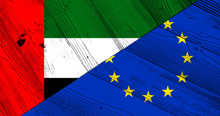 Flag of the United Arab Emirates and Europe on wooden boards