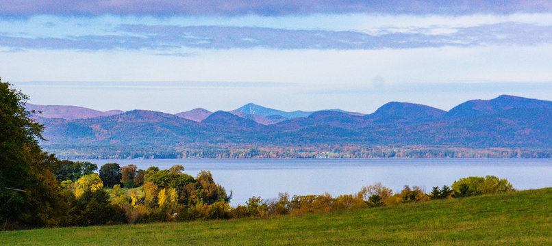view of Lake Champlain and the Adirondack Mountains in New York from Shelburne Farms in Vermont
