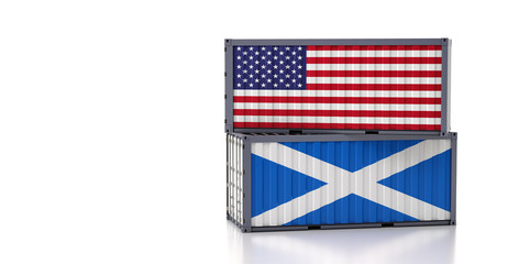 Two freight container with USA and Scotland national flag. 3d rendering 