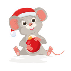 Cute christmas rat or mouse holds new year ball in cartoon style. Mouse in santa hat as symbol Happy chinese New year 2020 Rat zodiac sign.