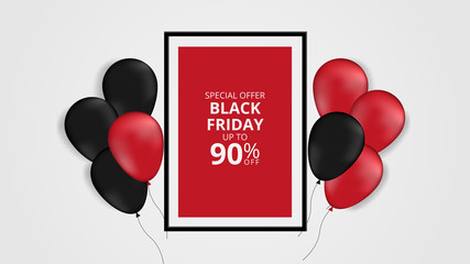 Black friday sale banner template shopping with shiny or glossy ballons red black and white with frame. sale poster modern elegant minimalist concept vector illustration design for digital marketing.