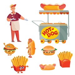 set of seller of hot dogs, hamburger, potato, fast food, isolated object on a white background,