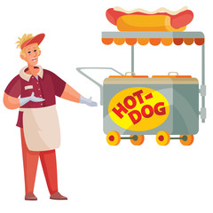 set of seller of hot dogs and a street cart for selling fast food, isolated object on a white background,