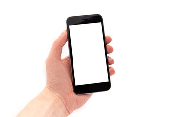 Man Holding Black Mobile Phone, Hand holding smart Phone with white Display isolated on white Background