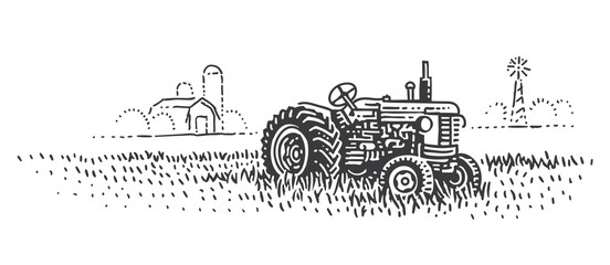 An old retro tractor in field engraving. Old tractor vintage illustration. Vector. 