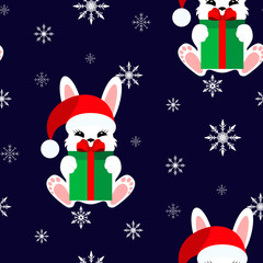 Bunny with a gift in a Christmas cap. Vector illustration. Seamless pattern. Flat.